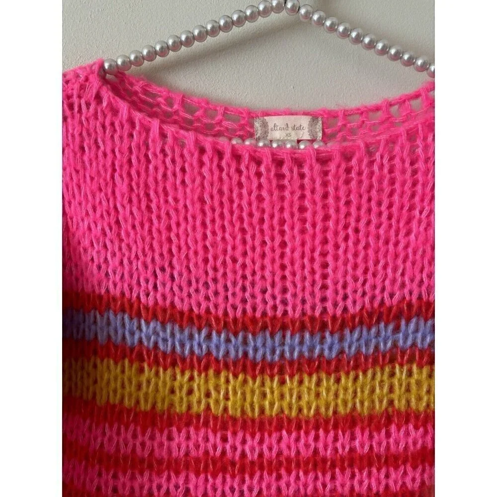 Altar'd State Womens Size XS Open Knit Sweater Bright Pink Stripe - Picture 2 of 4